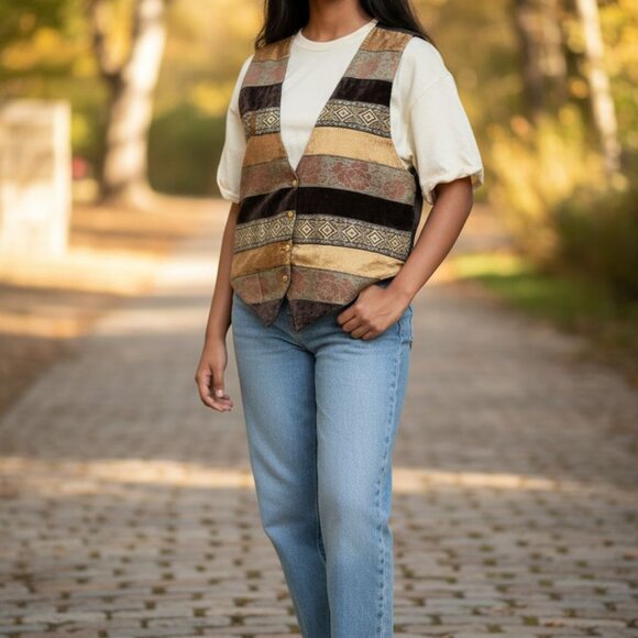 Vintage A.J. Tapestry Vest | Velour Jacquard Patchwork | Earth Tone Gold Button - Picture 2 of 9